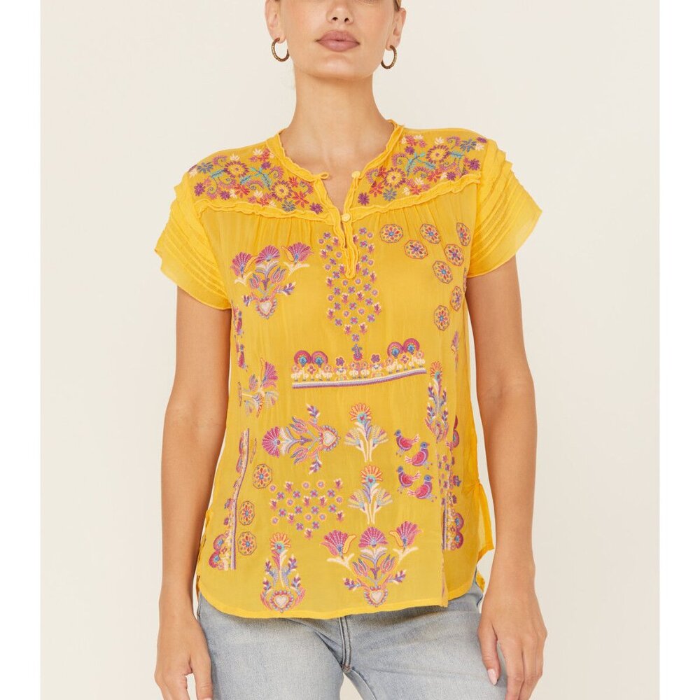 NEW JOHNNY WAS LAFARET Yellow Embroidered Blouse, Short Sleeve, size L - Picture 2 of 14